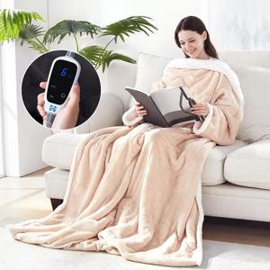 Sealy Electric Blanket Wearable with Foot Pocket, Electric Snuggle Blanket with Sleeves, Flannel & Sherpa Heating Throw with 6 Heat Settings & 2-10 Hours Auto Shut Off, 50 * 70"+18" Beige