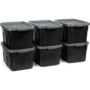 Rubbermaid Heavy Duty Black Storage Bins Plastic Totes with Lids for Storage, Stackable, Large Capacity, Durable, Multipurpose, 14 GAL, 6 Pack (14 GAL - 6 Pack Solid Black and Grey)