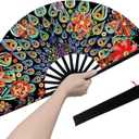 Boots on The Ground Fan, Large Folding Hand Fan for Women and Men, Popping Fans for Line Dancing for Raves, EDM, Dance Party, and Home Decoration (Blossom and Peacock)