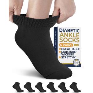 Pembrook Ankle Diabetic Socks for Women and Men - 6 Pairs | Low Cut Neuropathy Socks for Women | Smooth Toe Seams (Black)