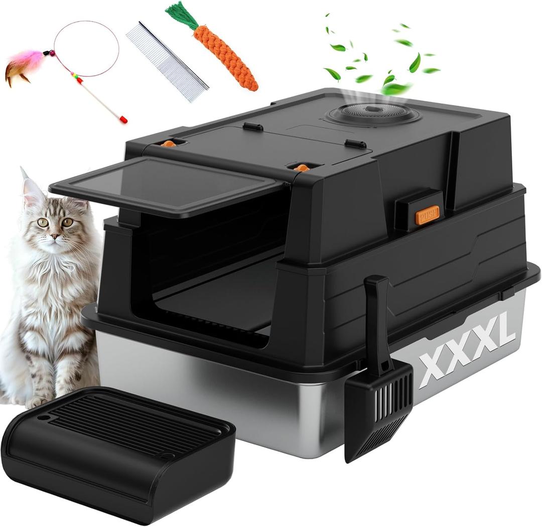 Enclosed Stainless Steel Litter Box XXXL, Extra Large 28" L x 20" W Metal Litter Box Enclosure with Cover and Foot Pedal and Scoop for Big Cats & Multiple Cats with High Sided, Easy Cleaning, Black  Enclosed Stainless Steel Litter Box XXXL, Extra Large 28" L x 20" W Metal Litter Box Enclosure with Cover and Foot Pedal and Scoop for Big Cats & Multiple Cats with High Sided, Easy Cleaning, Black