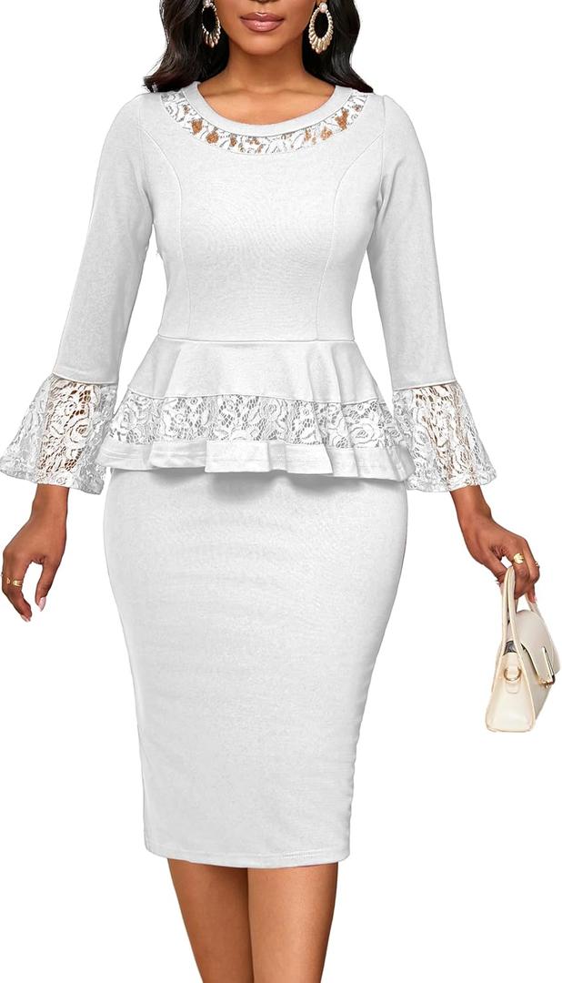 Lace Dresses for Women Wedding Guest Elegant Long Sleeve Cocktail Business Knee Length Pencil Dress (Large)
