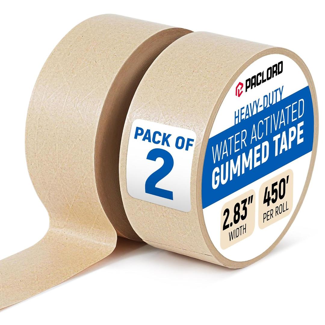 2.83" x 450' Water Activated Kraft Tape, Pack of 2 – Reinforced Gummed Paper Packing Tape for Shipping Boxes, Tamper-Proof, Eco Friendly, Strong Seal, Writeable Surface