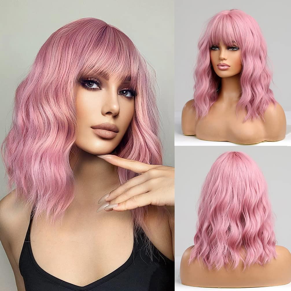 BERON Candy Pink Wig Short Curly Wig Pink Wigs with Bangs Women Charming Wigs Synthetic Wig with Hairnet