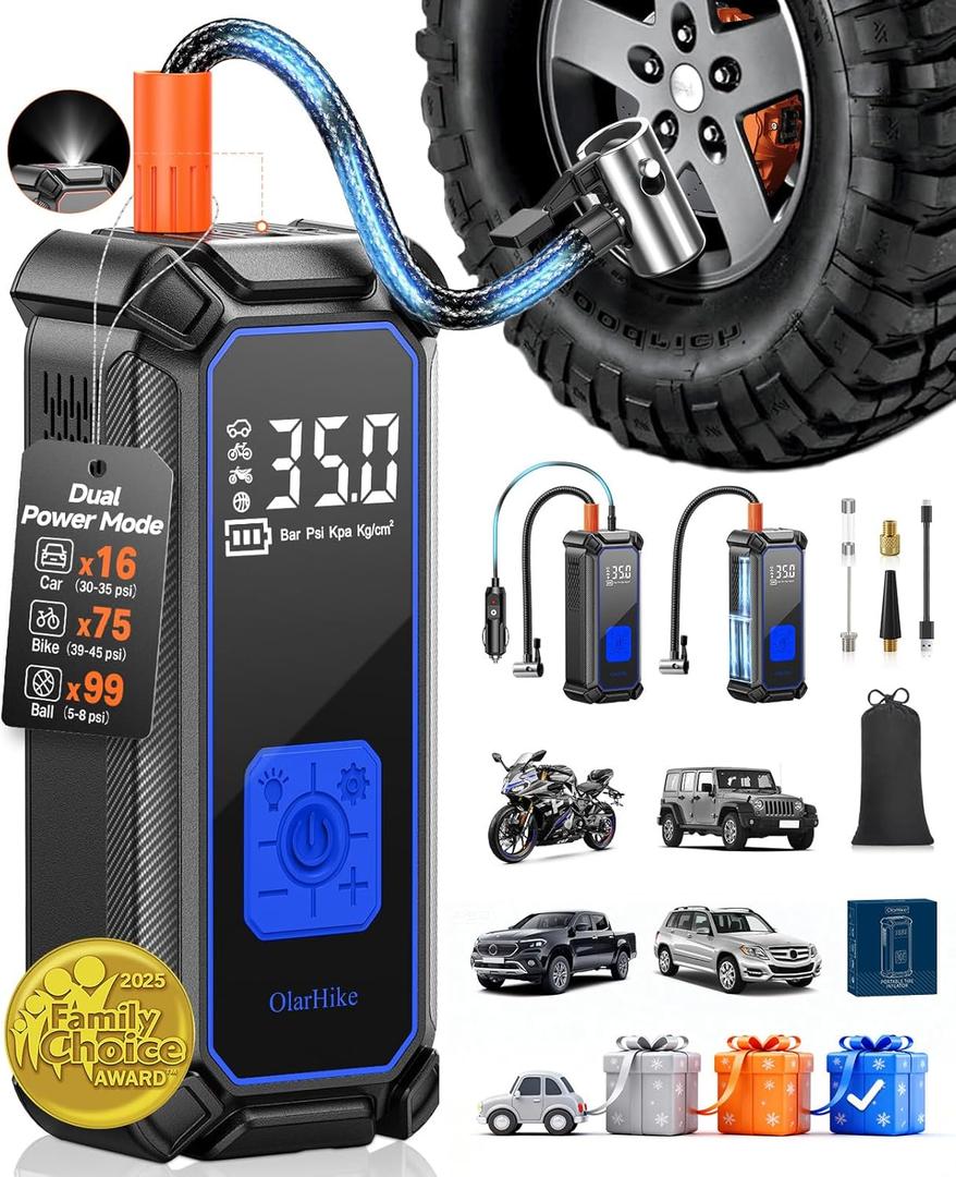 OlarHike Cordless Tire Inflator Portable Air Compressor, 150PSI Dual Power - 5400 mAh & 12V DC, Air Pump for Car Tires, Bike, Motorcycle with LED Light & Digital Pressure Gauge, Gift for Mom, 2-blue, 5400 (Medium Capacity)