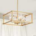 Modern Gold 4-Light Farmhouse Chandelier 15.7" Square Pendant Lighting Fixture Adjustable Height Ceiling Light for Kitchen Living Room Dining Room Hallway Bedroom Foyer