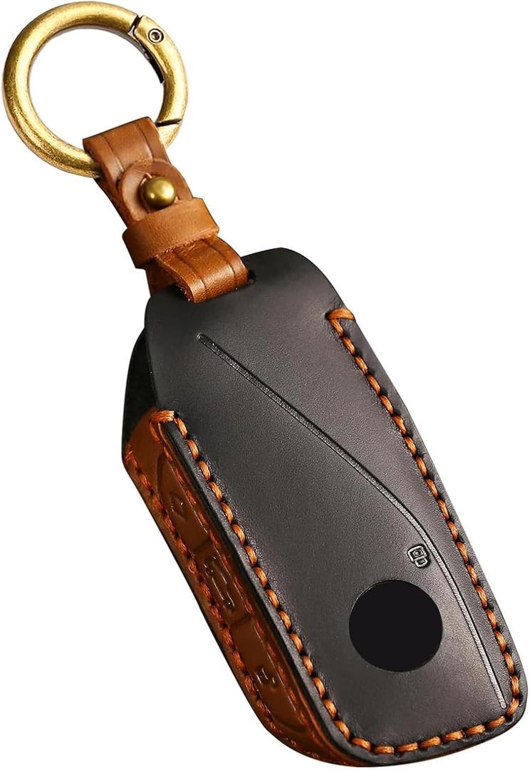Retro Style Leather Key Fob Cover, Compatible with BMW 2023/2024/2025~up New 5 7 Series X1 X2 X3 X5 X6 X7 XM 740i 760i IX IX3 I5 I7, No Screw Design Smart Key Holder Protector(Black)