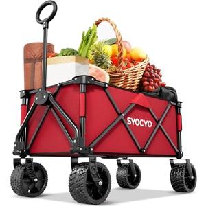 Collapsible Folding Wagon Cart, Heavy Duty Wagon Foldable with 330lbs Weight Capacity, Utility Garden Cart, Beach Wagons with All-Terrain Wheels for Camping, Sports, Shopping, Red