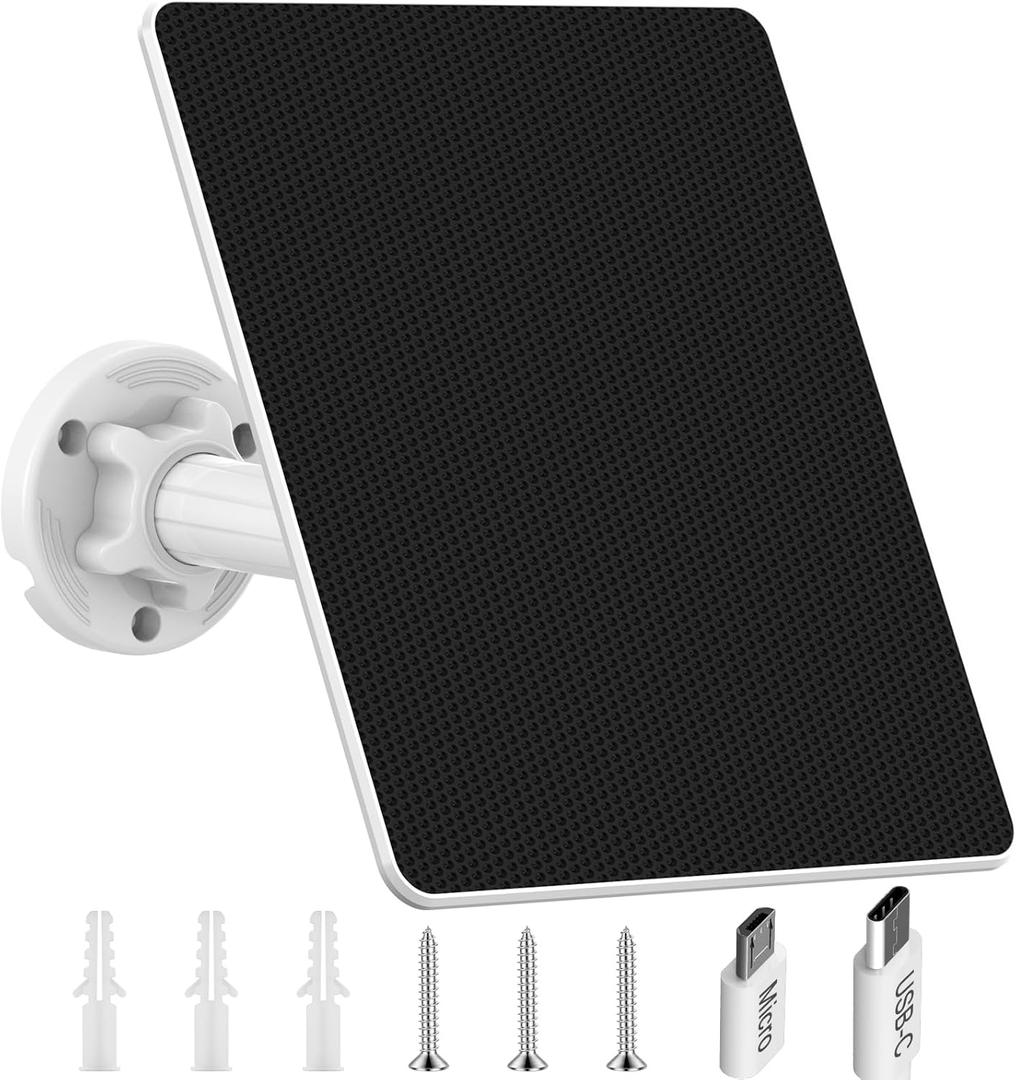 5W Solar Panel for Security Camera, Solar Panel with Built-in 8000mAh Battery for All Micro USB & USB-C Port Outdoor Security Cameras, Camera Solar Charger with 10Ft Cable & IP65 Waterproof