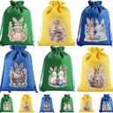 12 Pcs Easter Bunny Gift Bag with Drawstring, Easter Bags Burlap, Party Favor Birthday Decoration Reusable Rabbit Linen Goody Gift Bags with Double Jute Drawstrings, Treat Goodie Bag for Some Bunny Is One Easter Baby Shower Candy Garden Tea Party, 5x7 inch