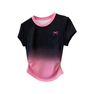 SOLY HUX Women's Short Sleeve Cute Summer Graphic T Shirts Ombre Bow Tees Aesthetic Tops Pink and Black Small