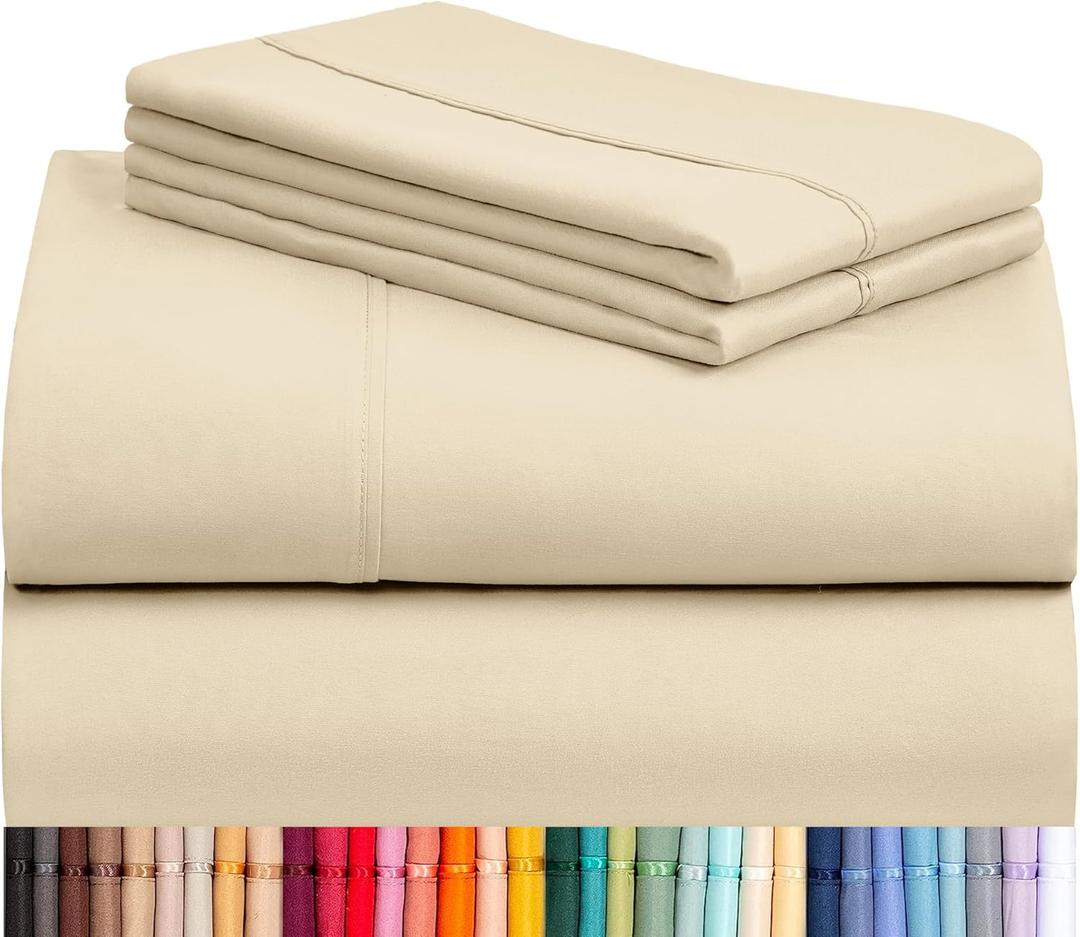 LuxClub 4 PC Queen Sheet Set, Queen Size, Deep Pockets 18" Wrinkle Free Cooling Bed Sheets Machine Washable Hotel Bedding Silky Soft - Cream Queen