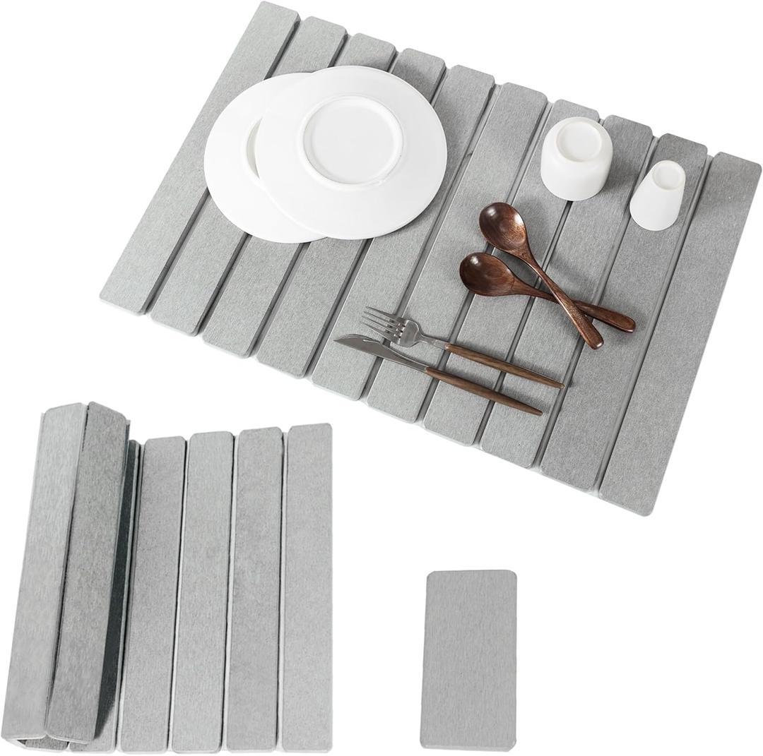2pcs Stone Dish Drying Mat for Kitchen Counter, Quick-Dry Diatomaceous Earth Water Absorbent Pad & Countertop Drainer, Home Essentials for Bath and Pets - Light Grey, 24x16 & 8x4