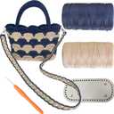 SHENJILL Tote Bag Crochet Kit for Beginners Two Color Crochet Kit with Step-by-Step Videos and Written Instruction Fan-Shaped Bag Crocheting Kit for Adults Easy Crocheting Yarn (White Blue)