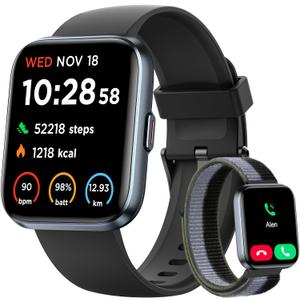 Smart Watch for Men, Answer/Make Calls, Alexa Built-in, 1.85" Touch Screen Fitness Tracker for Android & iPhone, Heart Rate/Sleep/SpO2 Monitor Smartwatch, IP68 Waterproof 100+ Sport Modes with 2 Bands (Black)