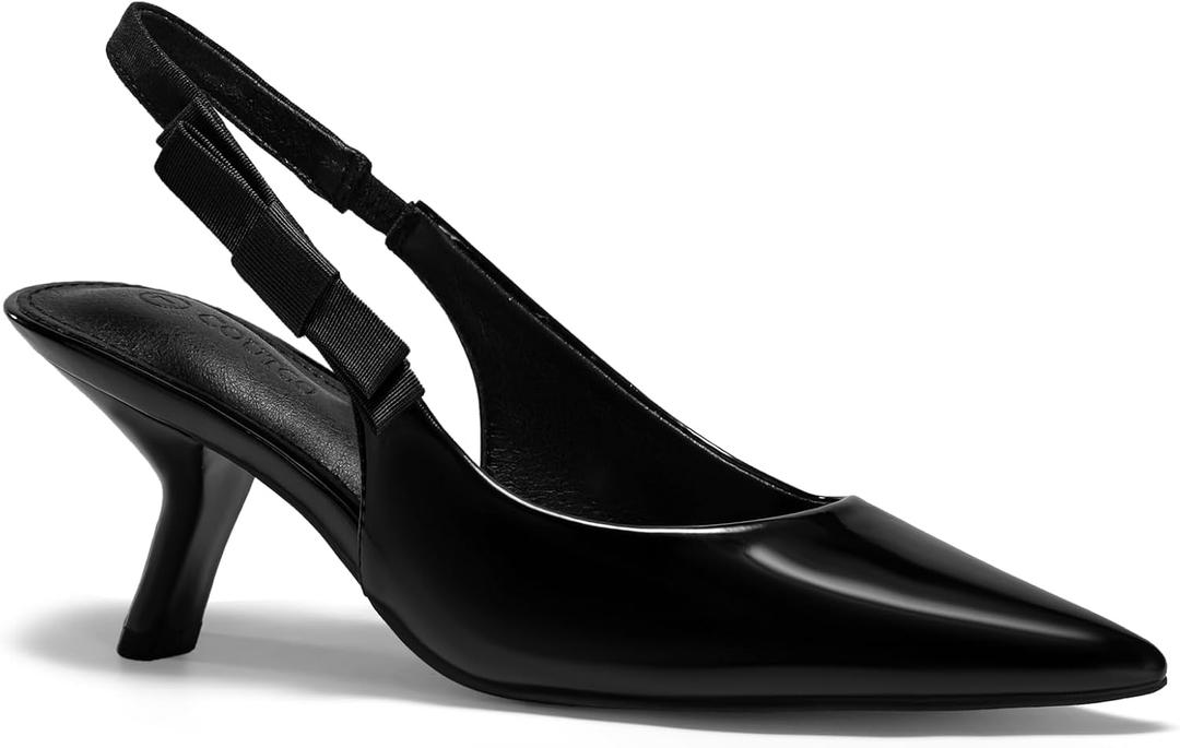 Coutgo Womens Slingback Kitten Heels Closed Pointed Toe Bowknot Patent Leather Slip on Work Pumps Dress Shoes (9.5, Black)