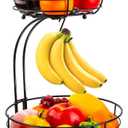 Auledio Iron 2-Tier Countertop Fruit Vegetables Basket Bowl Storage With Banana Hanger, Black, 64 Ounces