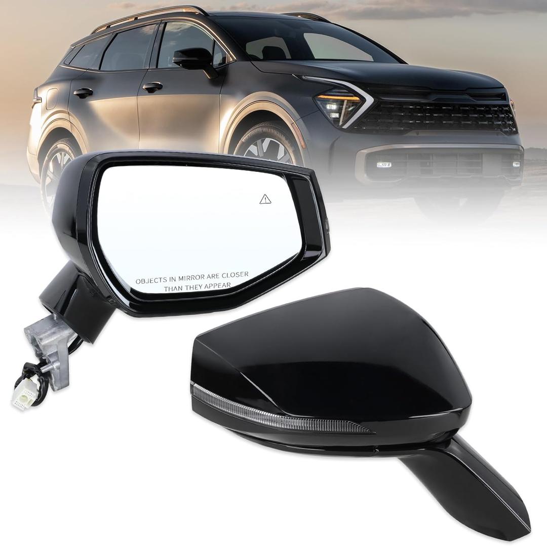 Right Passenger Side Door Mirror Compatible With 2023 2024 2025 Kia Sportage With Manual Folding Power Glass Heated Turn Signal Blind Spot Black Replace#87620P1060(8Pins)