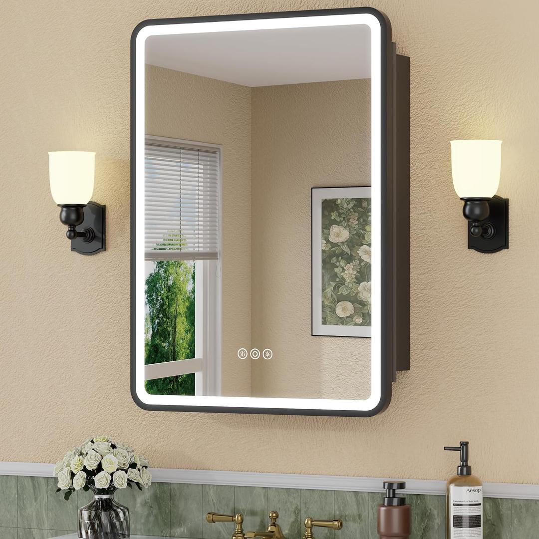 20 x 28 Inch LED Medicine Cabinet with Mirror, UL Certified Dimmable Lighted Bathroom Mirror Cabinet, Anti-Fog & Memory Function, 3 Color Modes, Recessed or Wall Mounted, Adjustable Shelf, Black, 20x28 Left Hinge