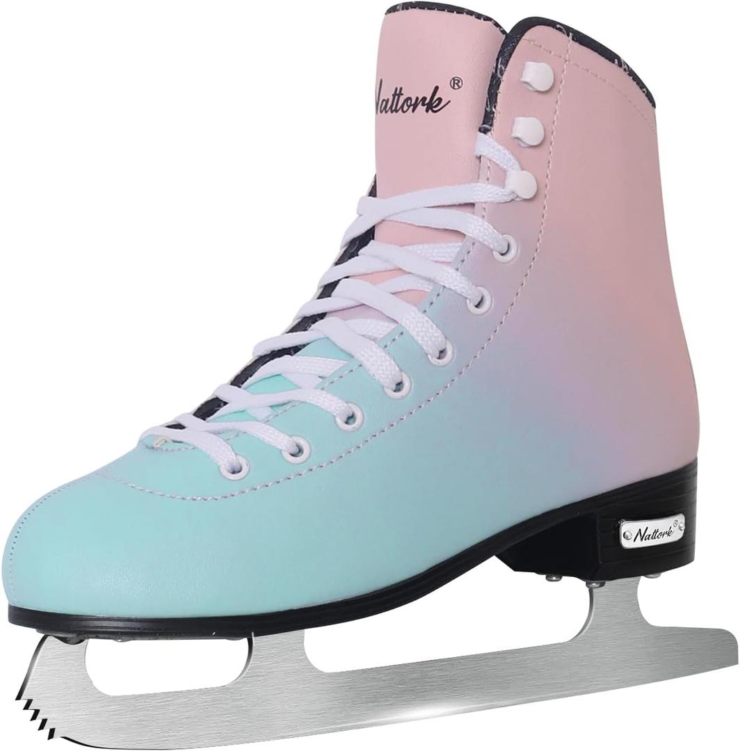 Nattork Figure Skates Excellence Stainless Steel Blades Ice Figure Skating with Enhanced Support Strength Performance and Ultimate Comfort for Youth and Adult (Women's 6 / Men's 5, BLUE&PINK)