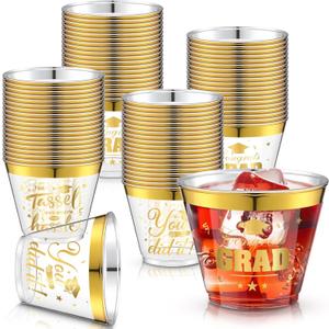 72 Pieces Graduation Cups 2025 9 oz Gold Plastic Cups Clear with Gold Foil Rim for Congrats Grad 2025 Graduation Party Decorations Supplies Tableware Decorations,3 Designs