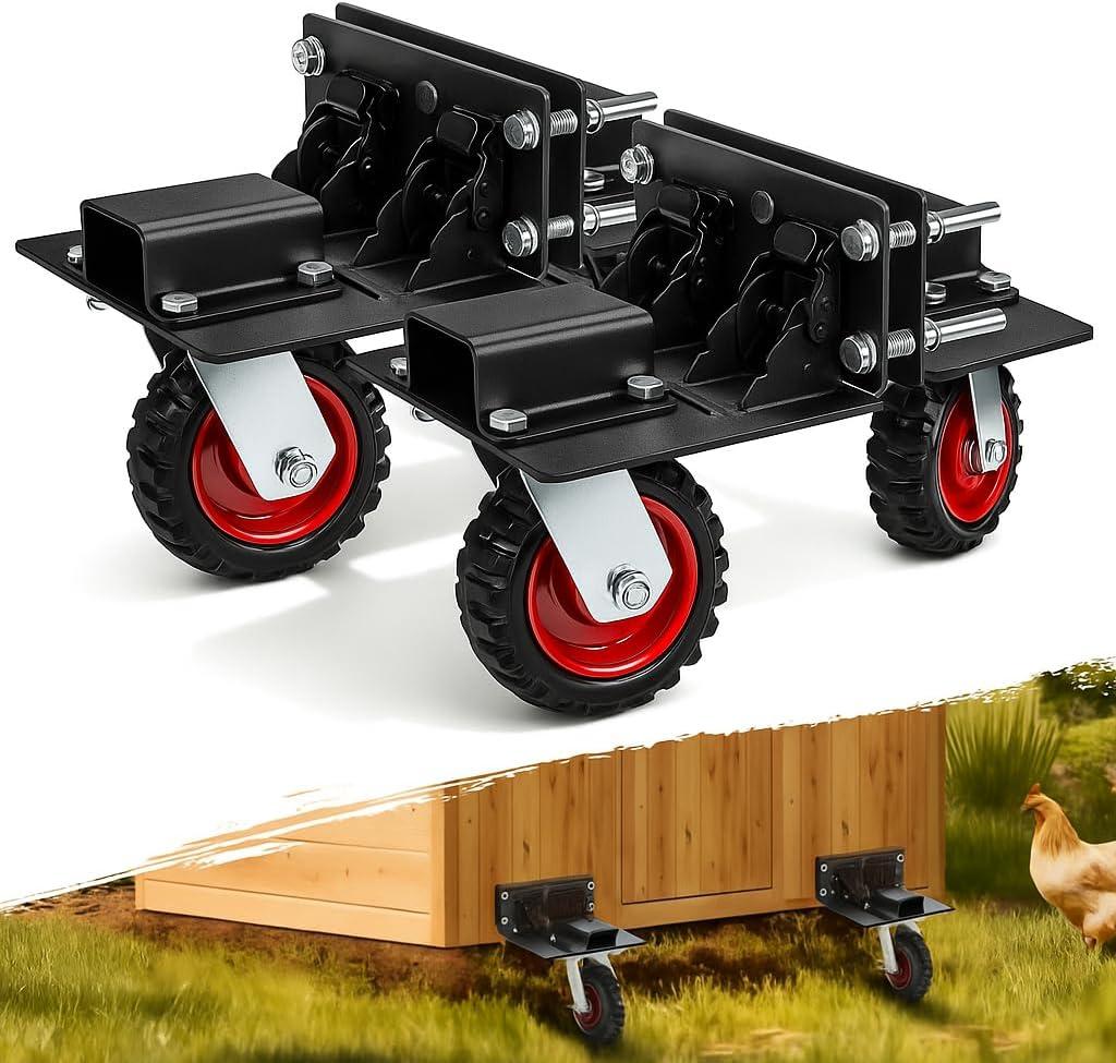 Chicken Coop Wheels Kit with Lift System - Set of 4 Heavy Duty Foldable Caster Wheels, Maximum Load Capacity 700 lb, Ideal for Large or Small Hen House, Durable Chicken Coop Accessory