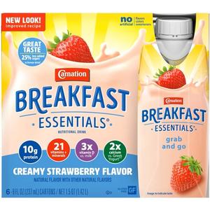 Carnation Breakfast Essentials shake creamy strawberry 6 Pack 8 fl oz Bottles, BBD: JAN 04/2027