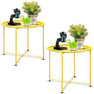 Garden 4 you End Table Set of 2, Outdoor Side Table, Small Patio Table Metal Side Table, Round Folding Side Table, for Outdoor and Living Room,Yellow