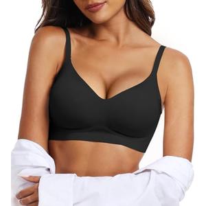 OEAK Womens Push Up Everyday Bras Comfortable Wireless Bralettes V Neck Seamless Bra Smooth Brassiere Wire Free Basic Bras Black, XL