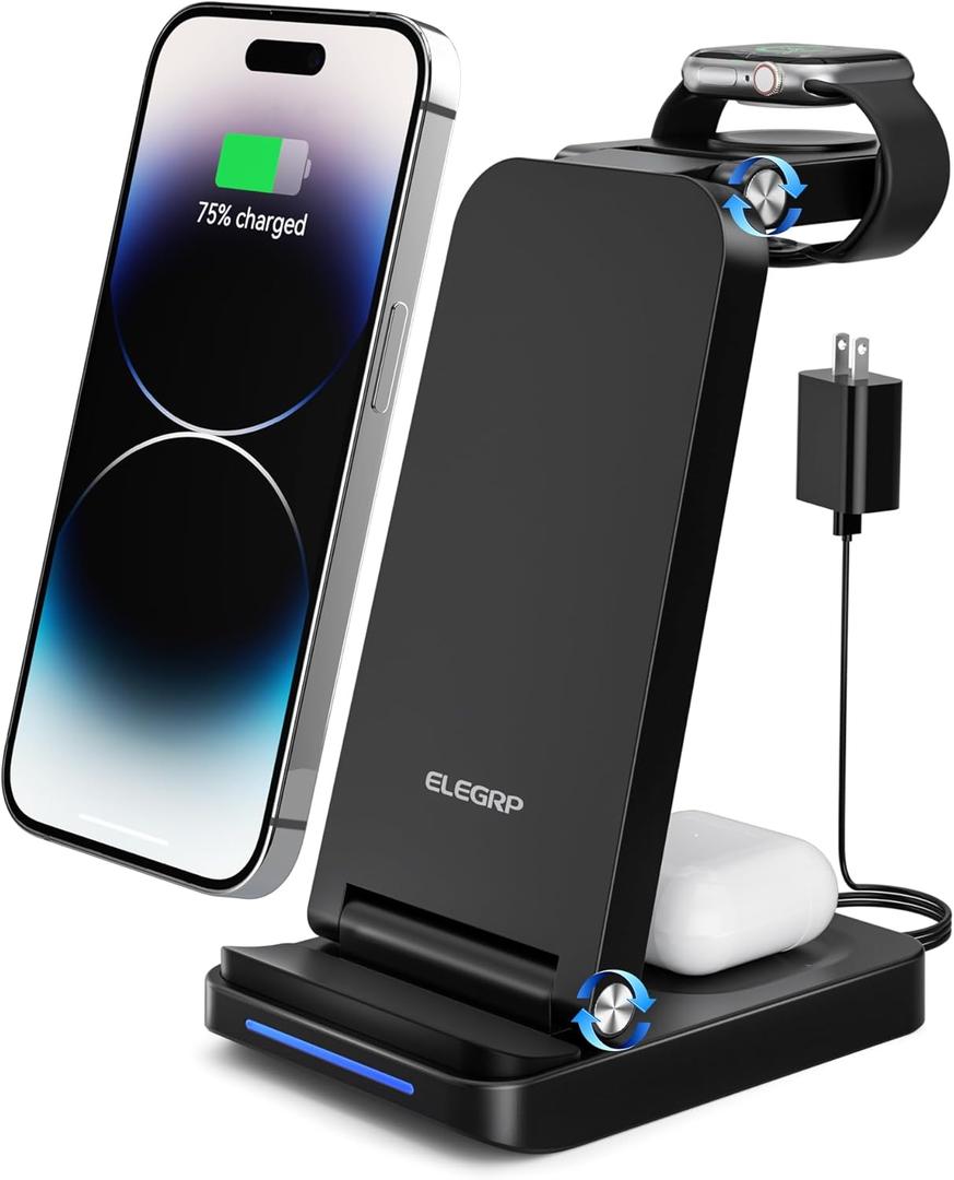 ELEGRP Wireless Charging Station for Apple/Samsung/Android, 3 in 1 Travel Fast Wireless Charger for iPhone 15/14/13/12/11/Pro/Max/SE/8, Samsung S23/S22/S21/S20/Note 20, Apple Watch, AirPods (Foldable, BLACK)