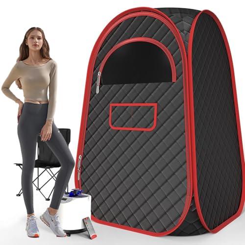 Portable Sauna Box - Portable Steam Sauna for Home with 2.6L 1200W Steamer, 99 Minute Timer, 9 Levels Temperature Settings, Remote Control and Folding Chair for Sauna Box, Red