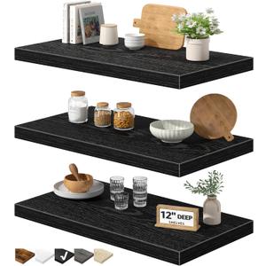 QEEIG 12" Deep Floating Shelves for Wall - 12 x 24 inch Book Shelf Bathroom Bedroom Kitchen Living Room Hanging Bookshelf Farmhouse Set of 3, Black (026-60B3), 12"D x 23.6"W
