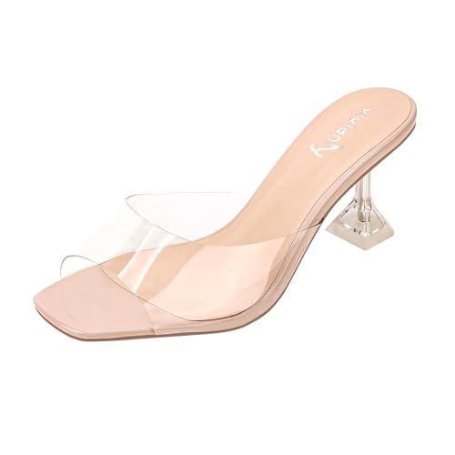 vivianly Womens Clear Heels Sandals Transparent Stiletto Heel Slippers Backless Peep Toe Slip on Heeled Mules, Size 8