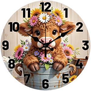 CHGCRAFT Cute Style Wall Clock 12 Inch Highland Cattle Clock Flowers Round Decorative Clocks for Bedroom Living Room Kitchen Office