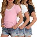 Custoneei 3 Pack Girls Short Sleeve Tees, 3-Color, 11-12 Years