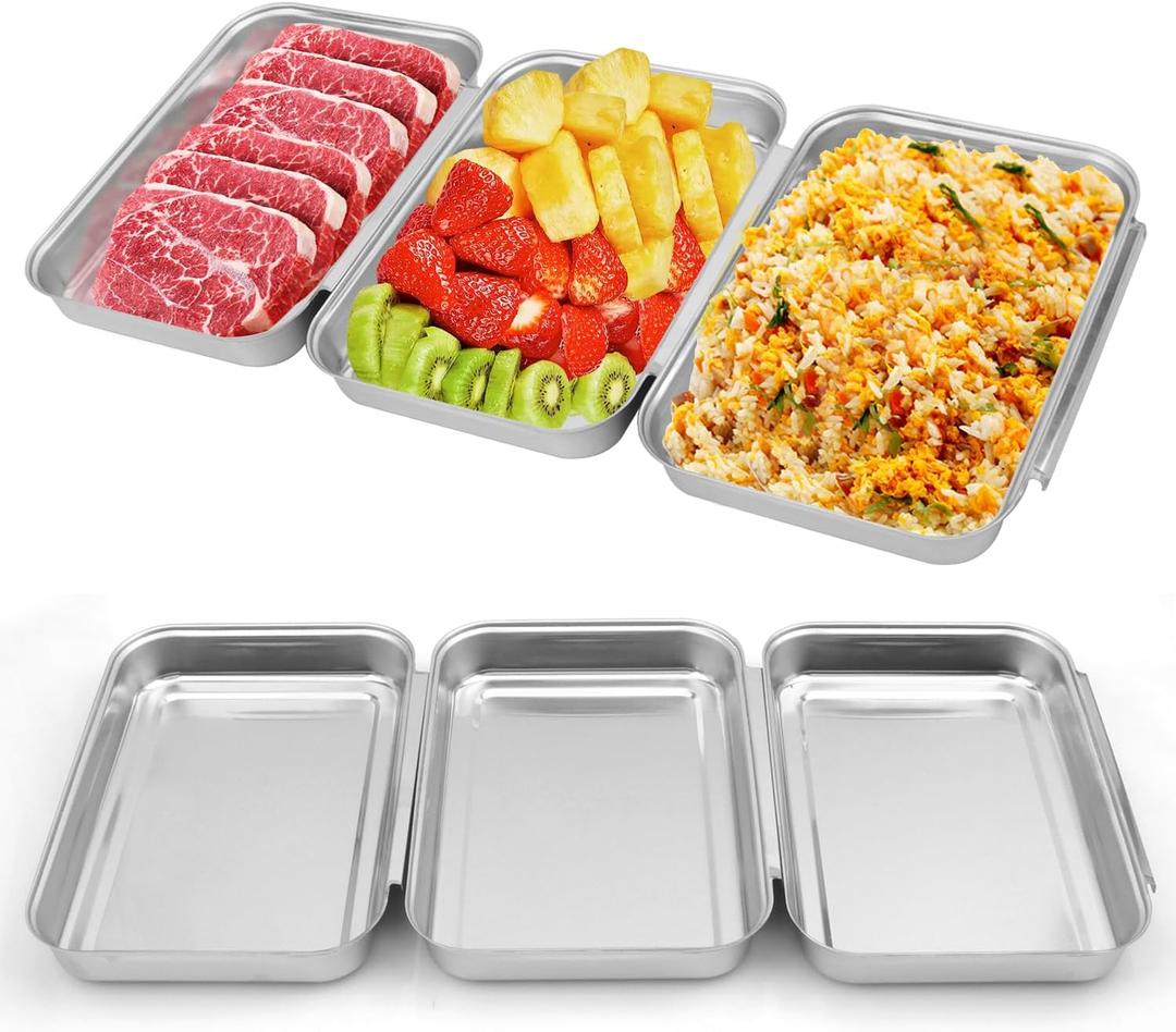 2 x 6 Pack 8.6 Inch Stainless Steel Breading Trays Set, 8.6 x 6 x 1.2 inches with Six Stainless Steel Interlocking Prep Trays for Breading Station, Fish, Meat, Chicken, Oven-Safe