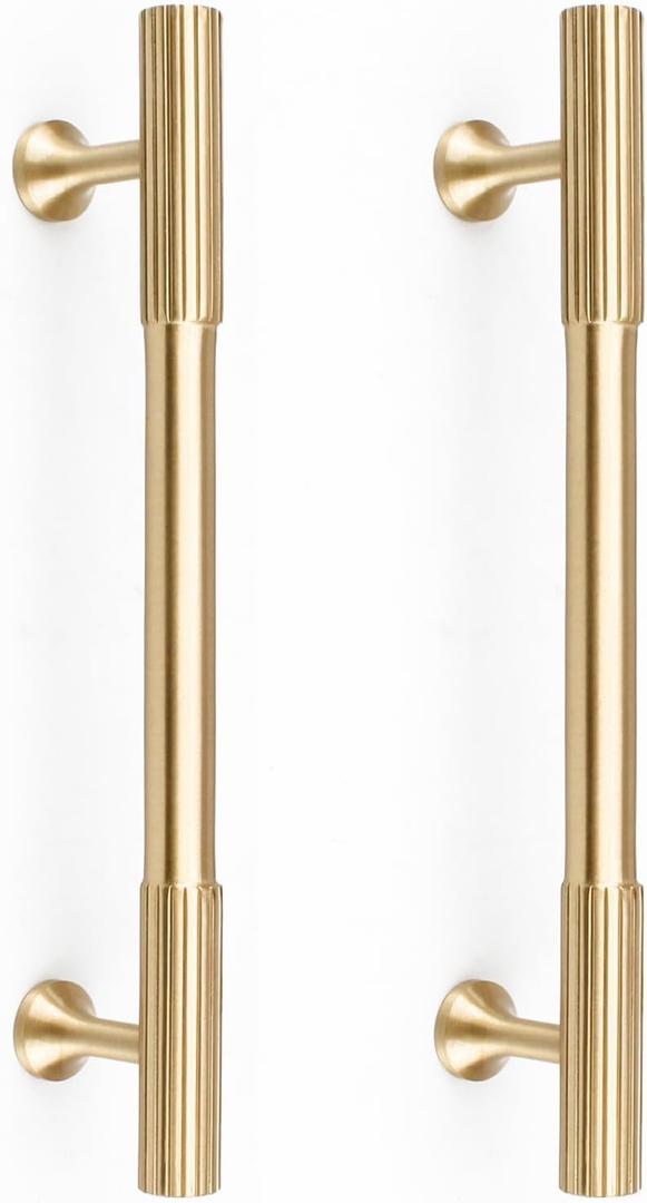 RZDEAL 2pcs Solid Brass Gold Cabinet Pulls, 5-Inch Hole Centers for Kitchen Cupboard Handles Modern Drawer Dresser Pulls Bathroom Brushed Brass Cabinet Pulls Wardrobe Door Handles