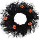 Halloween Wreath for Front Door 24 Inch, Cute Happy Halloween Decor for Indoor Outdoor Wall, Window & Home Hanging Sign Spooky Fall Wreath with Black Bats & Reflective Orange Pumpkins