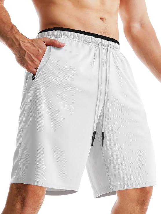 Aolesy Men's Basketball Shorts with Zipper Pockets Lightweight Quick Dry 10 Inch Workout Shorts for Men Athletic Gym White, Medium