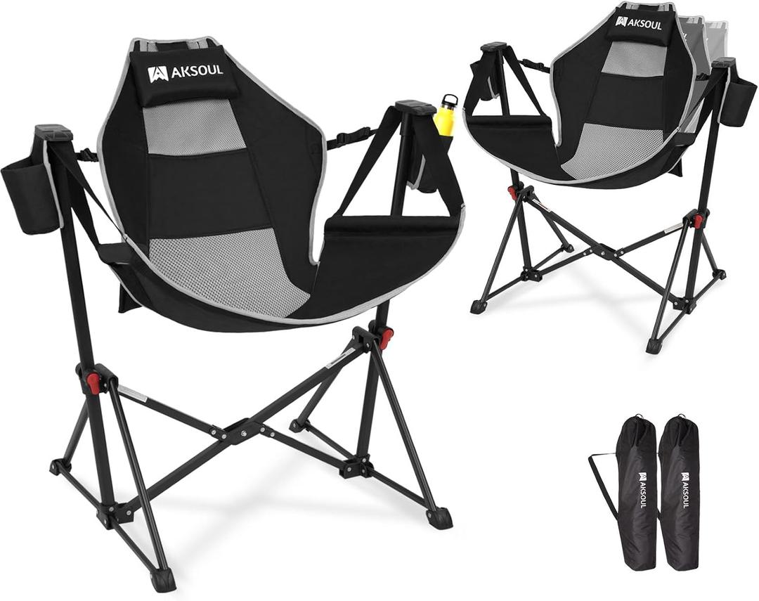 AKSOUL Hammock Camping Chair Swinging: Aluminum Alloy Adjustable Back Swinging Chair, Folding Rocking Chair with Pillow Cup Holder, Recliner for Outdoor Travel Sports Games Lawn Concerts Backyard (2 pcs)