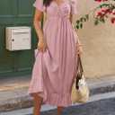 BTFBM Womens Spring Dresses 2026 Casual Short Sleeve V Neck Drawstring Wedding Guest Maxi Dresses Boho Beach Long Dress (S)