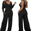 Women's Casual 2 Piece Outfits Ribbed Knitted Batwing Long Sleeve Cardigan Tank Wide Leg Jumpsuits Sets With Pocket (X-Large, Black)