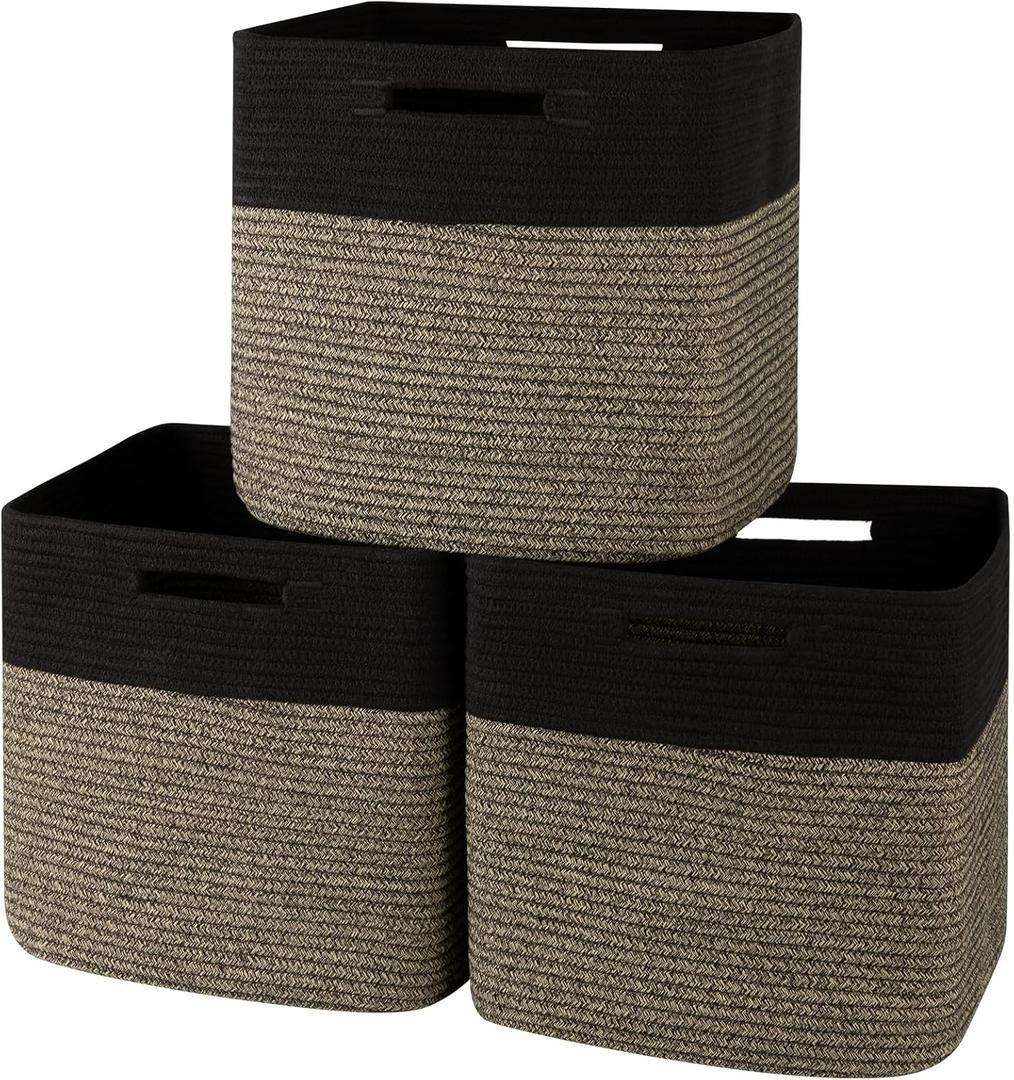 OIAHOMY 13 Kallax Inch Cube Storage Bins, 3-Pack Cotton Rope Woven Baskets for Organizing, Kallax Insert Storage Baskets for Shelves, Baby Nursery, Closet Organizer, 13*13*12.6IN, Black & Mixed Brown