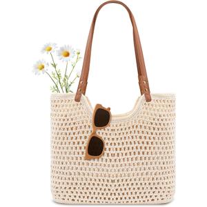 Peicees Crochet Beach Bag Purse, Boho Woven Tote with Leak-Proof Lining For Summer Vacation Travel Casual Shoulder Bag Soft