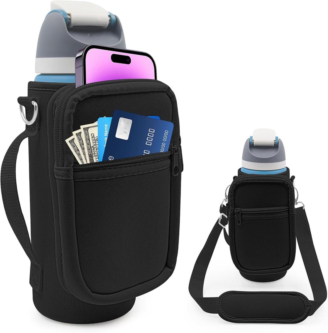 for Owala FreeSip Insulated Stainless Steel Water Bottle Cup Holder Cover Carrier Sling Bag with Strap, Pouch Pocket for Phone/Accessories, add Handle for Owala 32oz (Black, M)