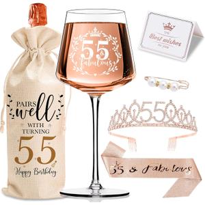 55th Birthday Gifts for Women Her - 55 & Fabulous Wine Glass, Wine Bag, Sash & Rhinestone Crown Tiara Set - 55th Birthday Decorations Party Supplies for Mom Wife Aunt Sister Friend
