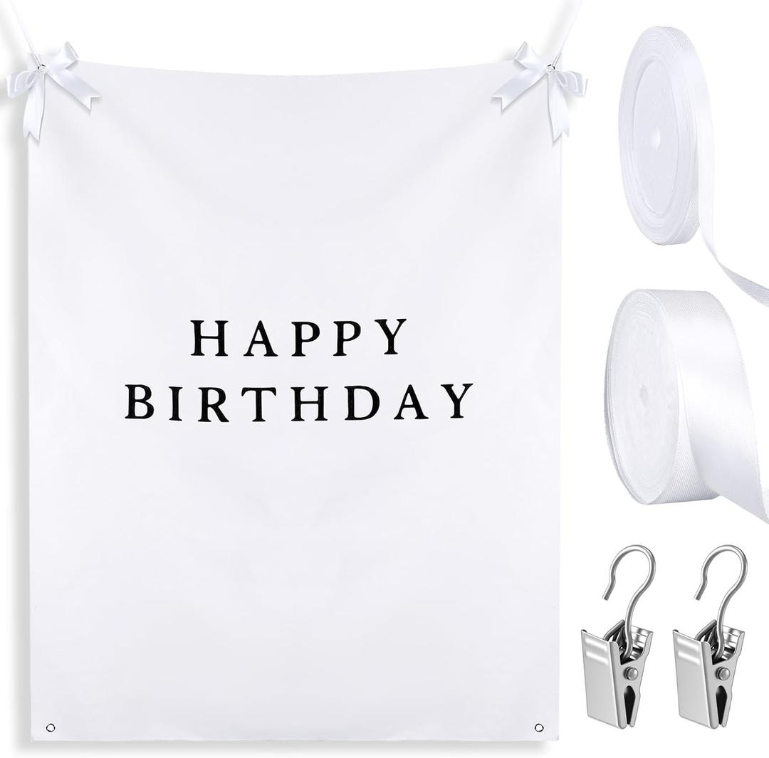 Oudain Happy Birthday Burlap Banner, Fabric Party Decorations Backdrop, Boho Rustic Photo Props Sign with Hanging String for Birthday Party Indoor Outdoor Yard Wall Decor (29x39 Inch)