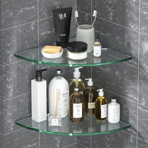 Corner Glass Shower Caddy 2 Pack 8MM-Thick Tempered Glass Shelf No Drilling Wall Mount Corner Mounted Shelves Space Saver Adhesive Bathroom Home Shelf Shampoo Holder Organizer Strong Adhesion