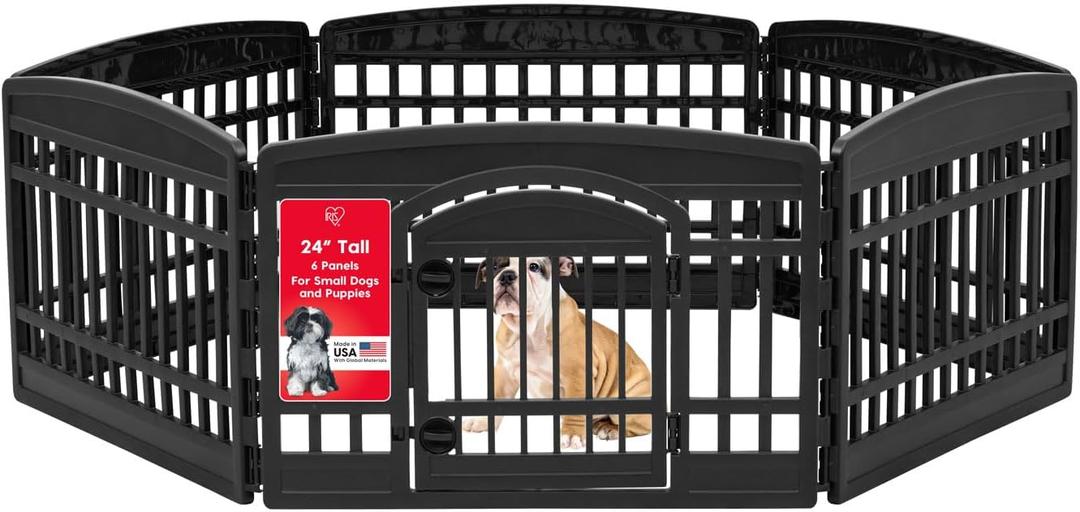 IRIS USA Dog Playpen with Door, 24 6 Panel Pet Exercise Pen Indoor Outdoor Puppy Play Pen, Portable Plastic Pet Fence for Small Medium Dogs, Foldable 61 x 61 x 24, Black