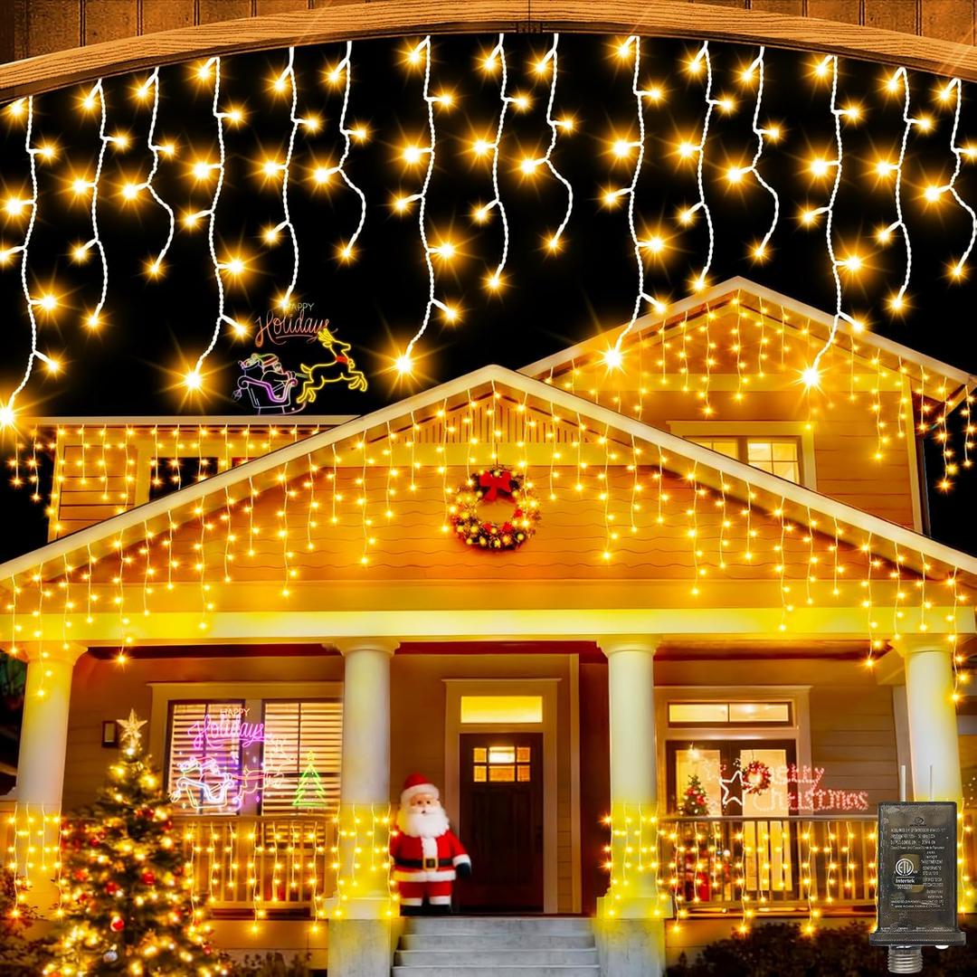 131 FT 1280 LED Christmas Lights Outdoor Decorations Super Long Clear Wire String Lights Plug in 240 Drops 8 Modes Memory Timer Curtain Fairy Lights Waterproof for Holiday Wedding Party-Warm White